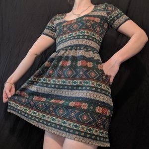 earth tone tribal print skater scoop dress